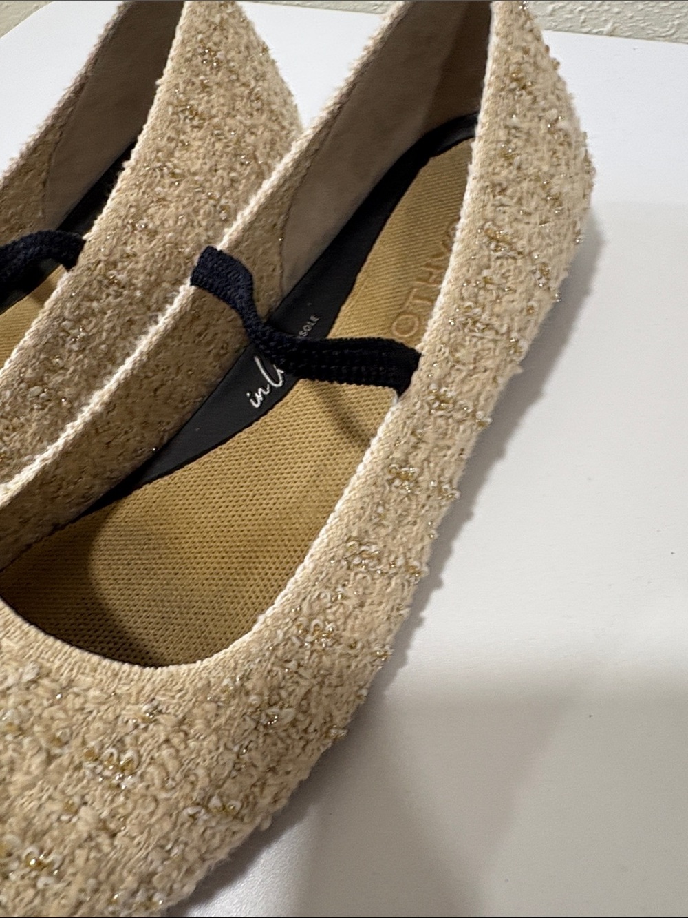 Rothy's Cream Tweed Ballet Flats with Black Elastic Strap and Blue Heel Tab - Picture 4 of 8